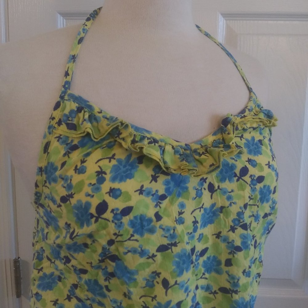 Arizona | Bright Floral Halter Top Blue Yellow Green Neck Tie  | L